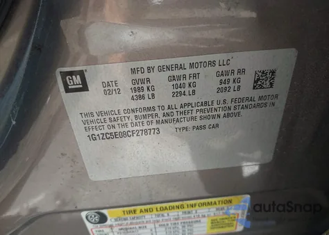 2012 Chevrolet Malibu 1Lt from USA, damaged, VIN 1G1ZC5E08CF278773